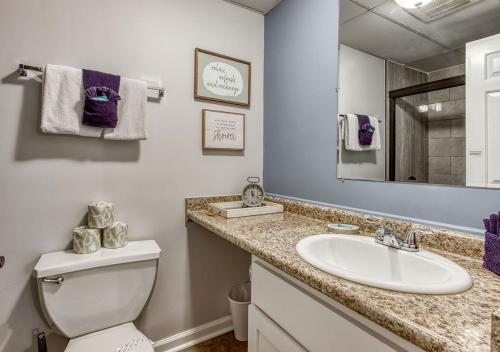 ein Badezimmer mit einem Waschbecken, einem WC und einem Spiegel in der Unterkunft Maple Trails in Gatlinburg