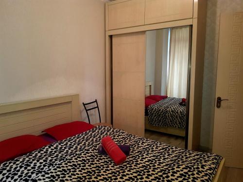 a bedroom with a bed with red pillows and a mirror at tamunas apartment in Tbilisi City