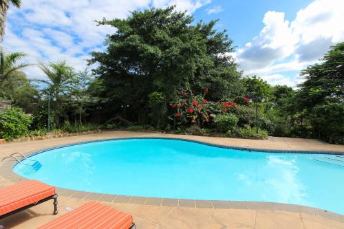 a large blue swimming pool with a bench and flowers at Zulu Nyala Heritage Safari Lodge in Hluhluwe