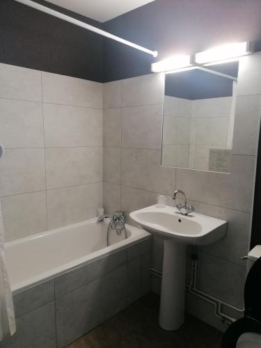 a bathroom with a sink and a bath tub at Hôtel Le Verger in Saint Laurent Nouan