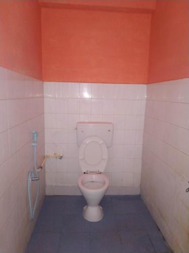 une salle de bains avec des toilettes roses dans une cabine dans l'établissement Meera Lodge, à Chidambaram