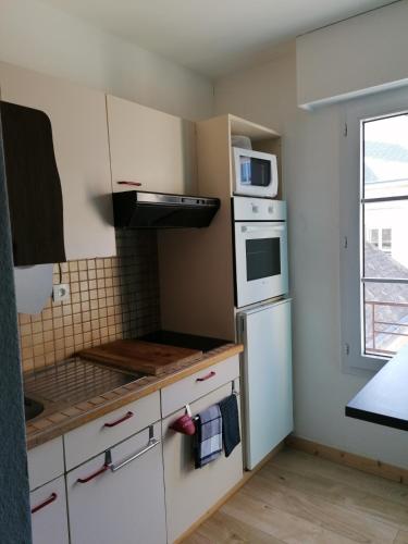 La cuisine est équipée d'un réfrigérateur blanc et d'un four micro-ondes. dans l'établissement CHARMANT APPARTEMENT CENTRE VILLE LE RONSARD, à Nogent-le-Rotrou