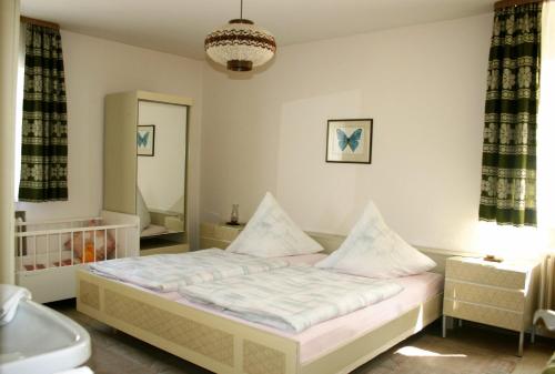 Schlafzimmer mit einem Bett, einem Spiegel und einem Waschbecken in der Unterkunft Pension am Walde in Beerfelden