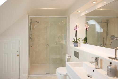 La salle de bains est pourvue d'une douche, de toilettes et d'un lavabo. dans l'établissement Sea Crest Aldeburgh Air Manage Suffolk, à Aldeburgh