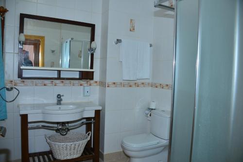 a bathroom with a toilet and a sink and a mirror at Aquarius Hotel in Side