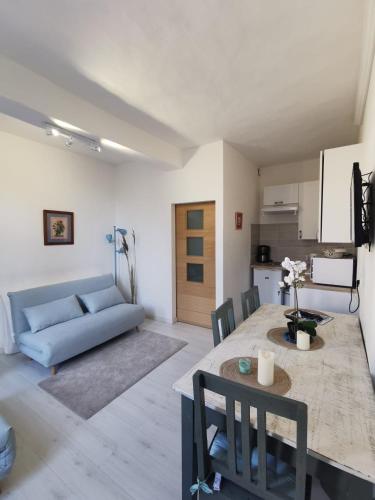 un salon avec une table et un canapé bleu dans l'établissement Le Chat De La Cathédrale - Calme - Jardin - Wifi, à Troyes