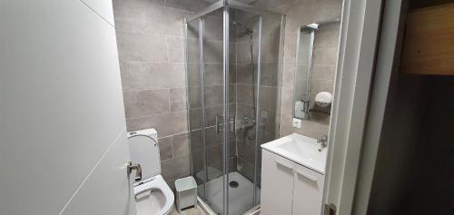 a bathroom with a shower and a toilet and a sink at Albergue "El Aguila" in Candanchú