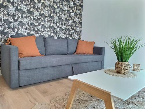 ein blaues Sofa im Wohnzimmer mit einem Tisch in der Unterkunft Cosy Break Jardins des plantes in Le Mans