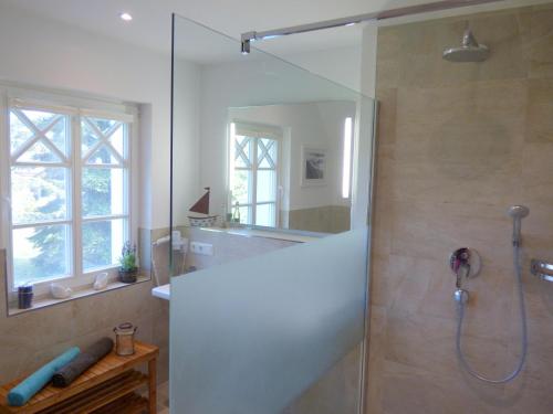 a bathroom with a shower with a glass door at Lindenstrasse Haus Sonnenrose in Zingst