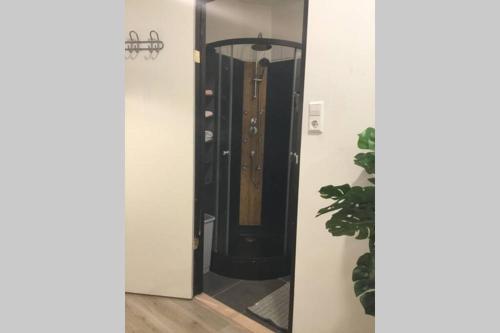 una puerta a una habitación con una planta al lado en Studio E en Purmerend