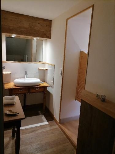 une salle de bain avec un lavabo et un miroir dans l'établissement Le Colombier, à Ruffey-lès-Beaune