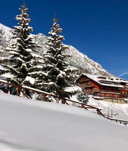two snow covered pine trees in front of a lodge at Hotel Piccolo Chalet in Claviere