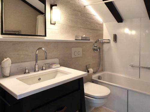 a bathroom with a sink and a toilet and a mirror at Wellness Hotel Alpenhof in Zermatt