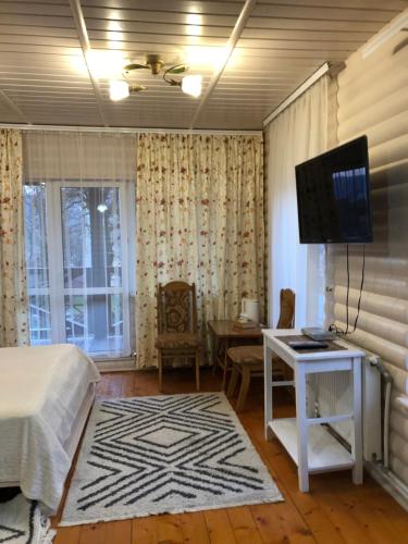 a bedroom with a bed and a desk with a television at Karpatska Mria in Yaremche