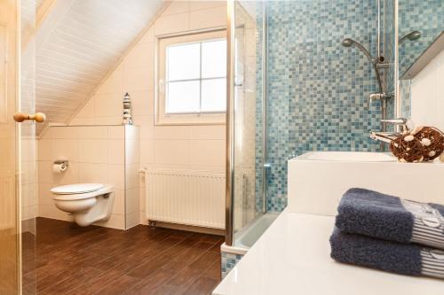 een badkamer met een toilet en een glazen douche bij Birkmaase 3 Muschelblau OG in Zingst