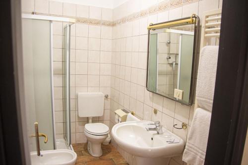 a bathroom with a sink and a toilet and a mirror at Hotel Tornielli 9 by LVG Hotel Collection in Novara