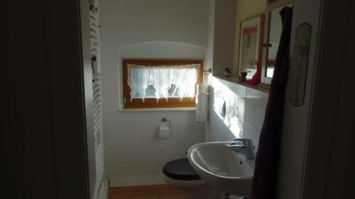 ein Bad mit einem Waschbecken, einem WC und einem Fenster in der Unterkunft RuheOase mit Baumkronenblick in Naundorf
