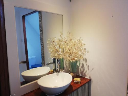 uma casa de banho com 2 lavatórios e um espelho em Le Monticule em Tardes