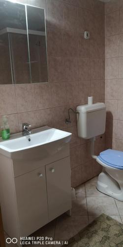 a bathroom with a sink and a toilet at Kifog-Lak Vendégház in Poroszló
