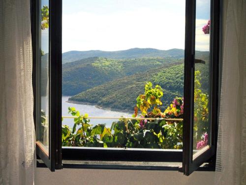 a window with a view of a lake and flowers at Apartments Mandica in Rabac