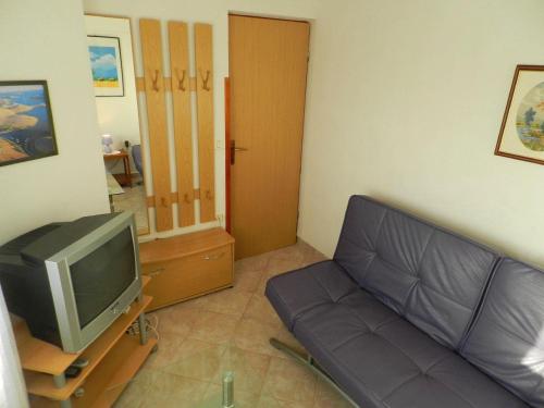 a living room with a couch and a tv at Apartments Mandica in Rabac