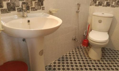 a bathroom with a white sink and a toilet at Lucky Star View Inn in Bandarawela
