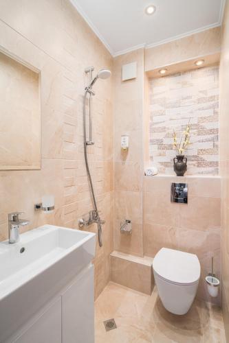 a bathroom with a shower and a toilet and a sink at АРТ СТУДИО СОФИЯ in Sofia