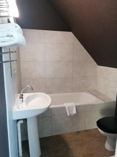 a bathroom with a sink and a bath tub at Hôtel Le Verger in Saint Laurent Nouan
