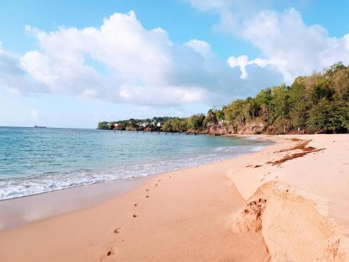 a beach with footprints in the sand and the water at Ocean Crest Villas in Castries