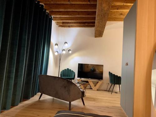 uma sala de estar com um sofá e uma televisão em Luxe et Calme en Hyper Centre - La Cour des Bois em Lyon
