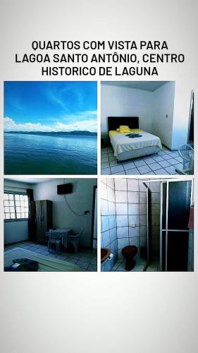 Hotel e Restaurante Recanto da Lagoa في لاغونا: ملصق بثلاث صور لغرفة بسرير
