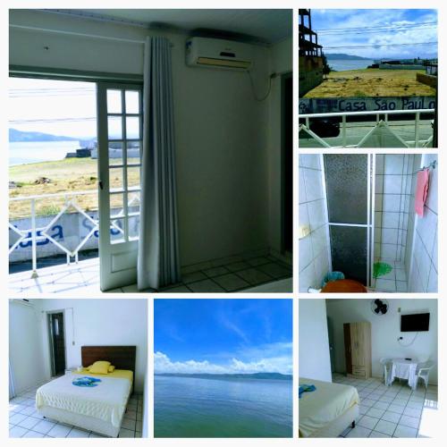 a collage of pictures of a room with a bed and a window at Hotel e Restaurante Recanto da Lagoa in Laguna