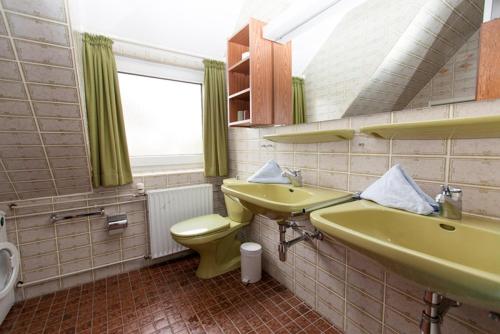 ein Badezimmer mit einem gelben Waschbecken und einem WC in der Unterkunft Strandrose in Wenningstedt-Braderup