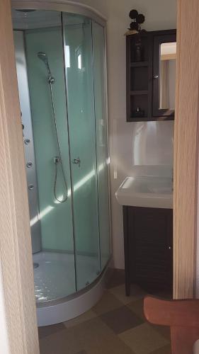 a bathroom with a glass shower and a sink at Privati valda in Šventoji