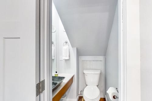 een witte badkamer met een toilet en een wastafel bij Cypress Escape in Steamboat Springs
