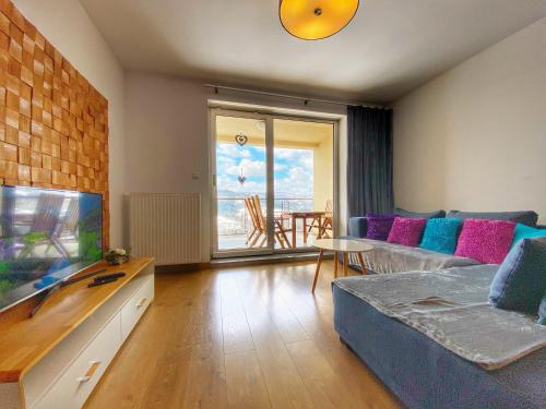 a living room with a couch and a tv at Apartamenty Szóstka Wisła Kamienna in Wisła