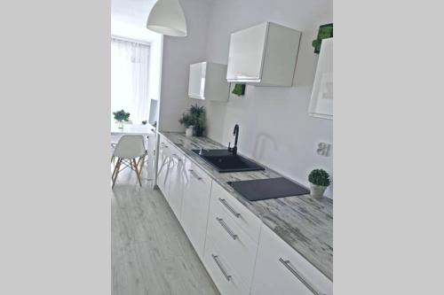 Biała kuchnia z białymi szafkami i zlewem w obiekcie Green Apartment Promenada Gwiazd- widok na morze. w mieście Międzyzdroje