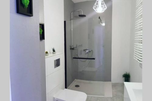 a white bathroom with a shower and a toilet at Green Apartment Promenada Gwiazd- widok na morze. in Międzyzdroje