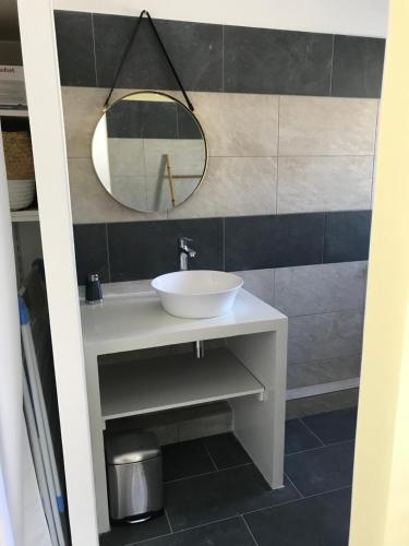 ein Bad mit einem Waschbecken und einem Spiegel in der Unterkunft Piña Colada à Manapany les bains in Manapany-les Bains