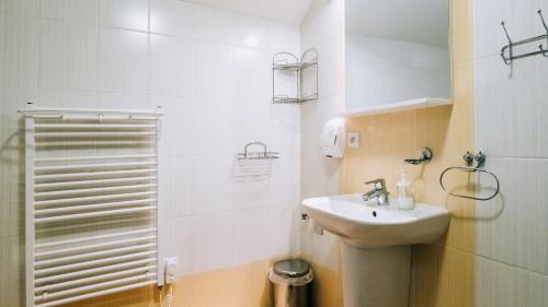 ein weißes Bad mit einem Waschbecken und einer Dusche in der Unterkunft Apartman Deluxe villa Barbora Hrabovo in Ružomberok