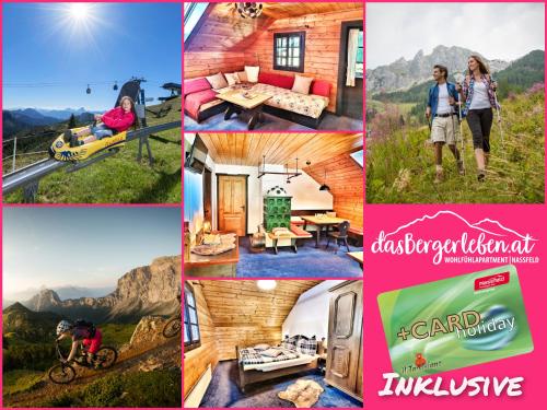 a collage of pictures of a cabin in the mountains at das Bergerleben in Sonnenalpe Nassfeld