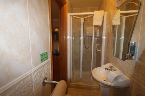 W łazience znajduje się prysznic i umywalka. w obiekcie Woodlands Guest Accomadation w mieście Oughterard