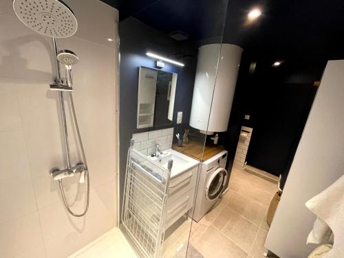 une salle de bain avec une machine à laver et un lave-linge dans l'établissement Charmant et spacieux studio (T1bis) - Bordeaux, Chartrons, à Bordeaux