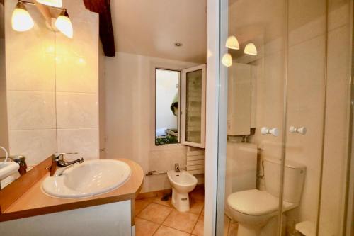 W łazience znajduje się umywalka, toaleta i prysznic. w obiekcie Charmante maison de Pêcheur à Trouville w mieście Trouville-sur-Mer