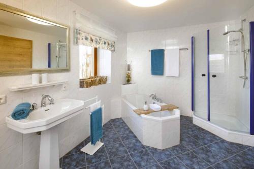 a bathroom with a sink and a tub and a toilet at Ferienhaus Schlamminger in Döbersing