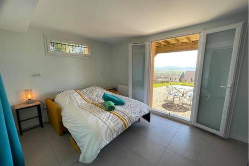 a bedroom with a bed and a window with a view at Studio indépendant au calme avec vue imprenable in Bossieu