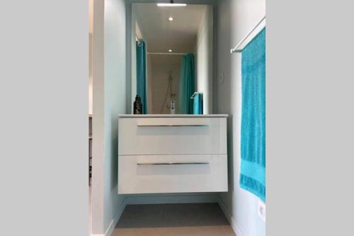a bathroom with a white sink and a blue shower at Studio indépendant au calme avec vue imprenable in Bossieu