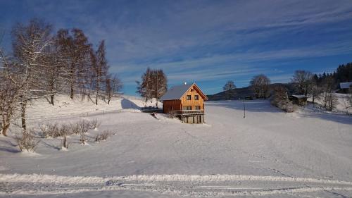 a wooden cabin in a snow covered field with trees at Ferienhaus Lärchenhütte in Kasperle