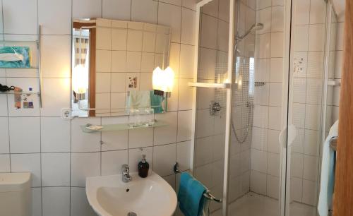 een badkamer met een wastafel en een douche bij Gästehaus Tepel in Winterberg