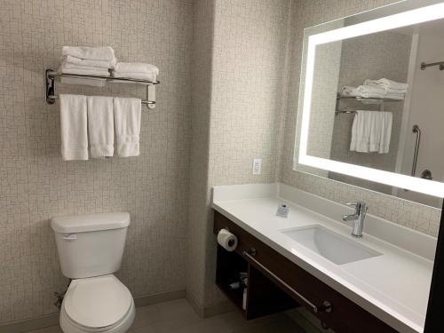 a bathroom with a sink and a toilet and a mirror at Holiday Inn Express Hotel & Suites Woodland Hills by IHG in Woodland Hills